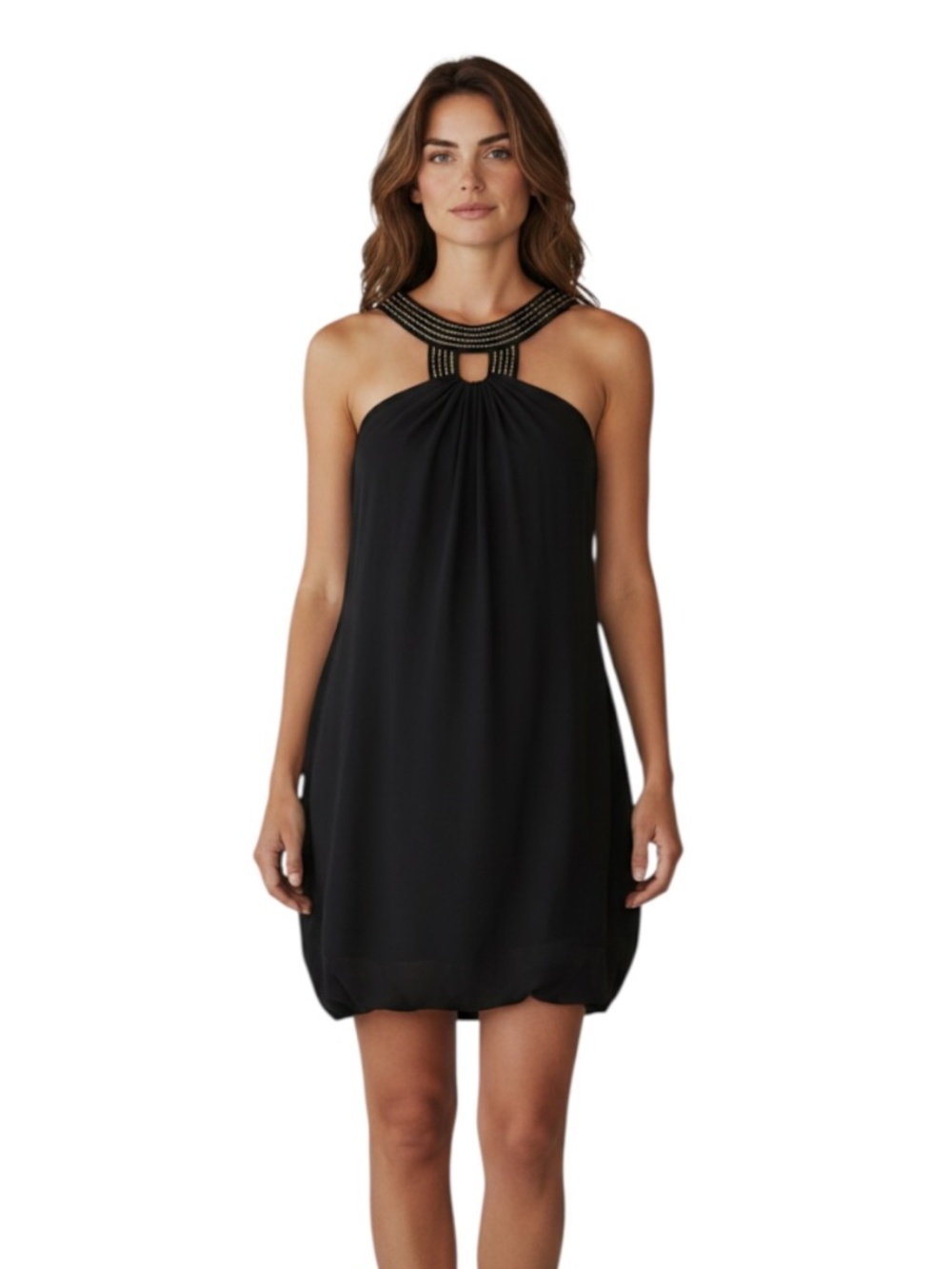 Grama Black Medium Halter Mini Dress with Gold Detail Neckline